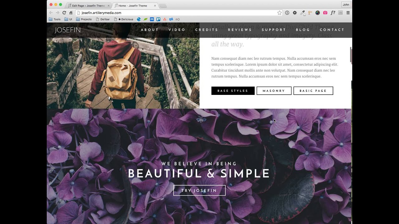 Setting up the split sections as seen in the Josefin Child Theme